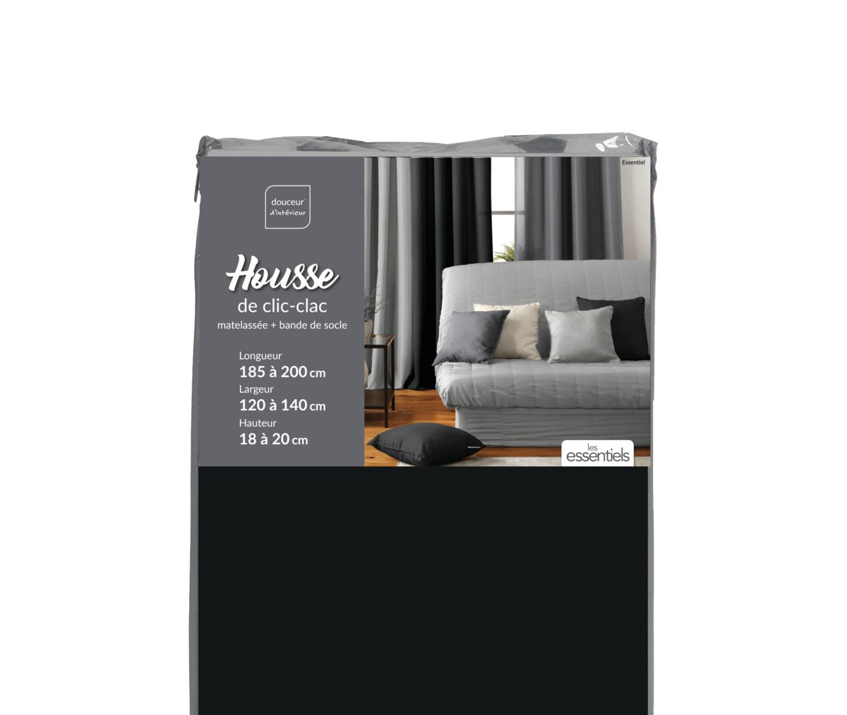 Housse de clic-clac matelassée 120 à 140 x 185 à 200 cm polyester uni Essentiel noir