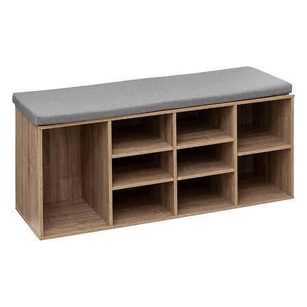 Banc range chaussures 9 paires avec assise rembourrée grise structure bois effet chene casiers ouverts entree - rangement decoration pack mobilier LMNP
