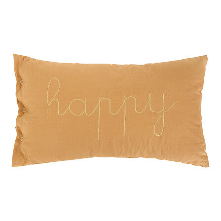 Coussin rectangle double gaze de coton noisette 50x30cm inscription happy brodee - accessoire decoration pack mobilier LMNP