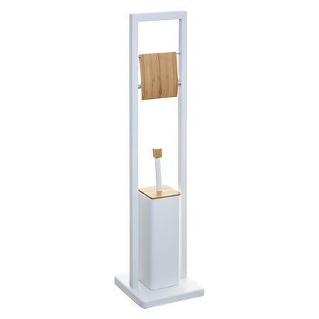 Derouleur WC avec brosse integree metal blanc porte-rouleau bambou et brosse WC sur pied - accessoire decoration pack mobilier LMNP