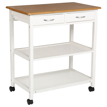 Desserte grand modele bois blanc et plateau effet bambou avec tiroirs etageres et roulettes - mobilier decoration pack mobilier LMNP