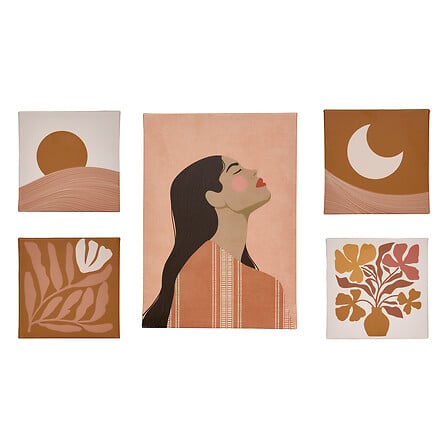 Lot de 5 toiles imprimees decoratives illustrations abstraites soleil lune silhouette feminine feuillages tons terracotta beige - decoration murale pack mobilier LMNP