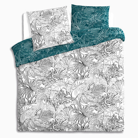 Parure de lit imprimee motif jungle 240x220cm feuillages gris sur fond blanc verso bleu canard vue dessus - accessoire decoration pack mobilier LMNP