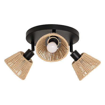 Plafonnier 3 spots orientables metal noir avec abat-jours en corde tressee naturelle 25cm - luminaire decoration pack mobilier LMNP