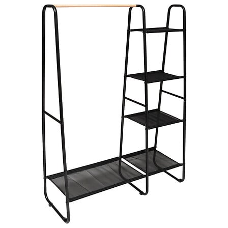 Portant vetements avec etageres metal noir barre de penderie bois et 4 etageres style industriel - mobilier decoration pack mobilier LMNP