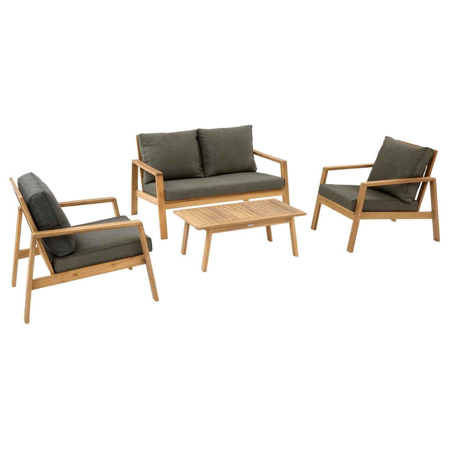 Salon d’extérieur en bois composé d’un canapé, de deux fauteuils et d’une table basse, sélectionné par Les Compositeurs pour aménager une terrasse ou un balcon avec confort, élégance et convivialité.