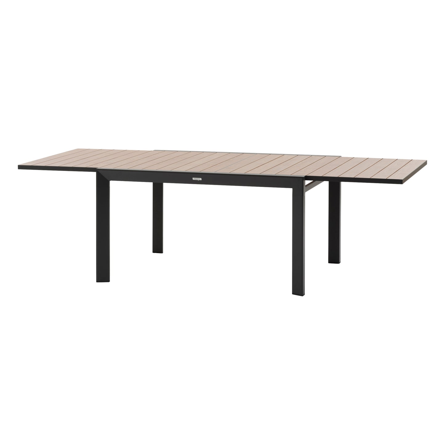 Table de jardin extensible avec plateau effet bois, idéale pour les repas en terrasse et les espaces extérieurs aménagés par Les Compositeurs, alliant convivialité, fonctionnalité et design contemporain.