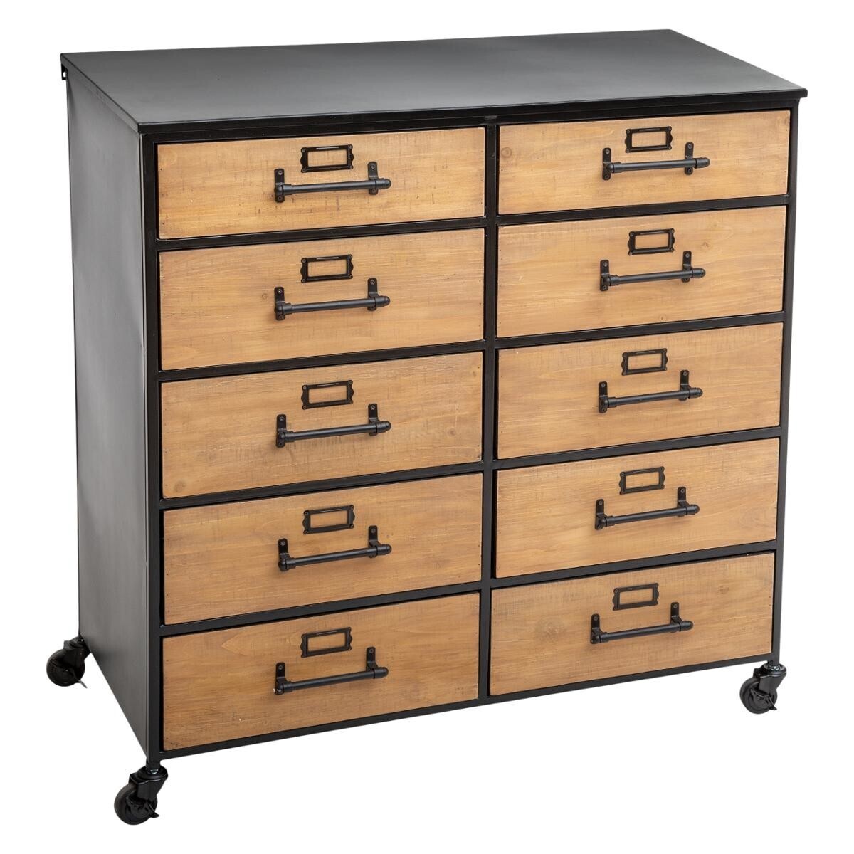 Commode double 10 tiroirs Baris métal noir et bois