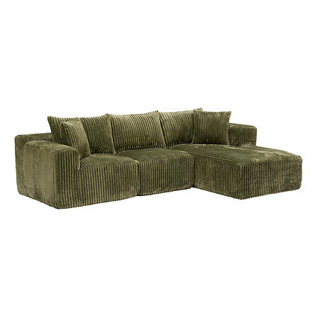 Canape d angle cotele kaki vue ensemble de face avec meridienne velours cotele vert - mobilier decoration pack mobilier LMNP