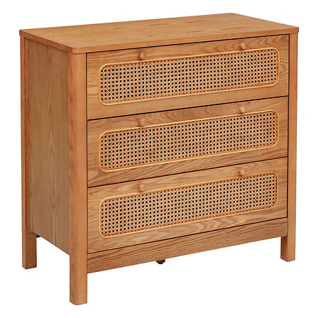Commode 3 tiroirs bois chene et cannage naturel tiroirs fermes facade cannage rotin pieds bois vue de face chambre rangement - mobilier decoration pack mobilier LMNP