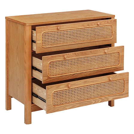 Commode 3 tiroirs bois chene et cannage naturel trois tiroirs ouverts facade cannage rotin pieds bois vue de face complete chambre - mobilier decoration pack mobilier LMNP