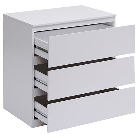 Commode 3 tiroirs blanc 73x48x78cm vue trois-quarts tiroirs ouverts interieur visible - mobilier decoration pack mobilier LMNP