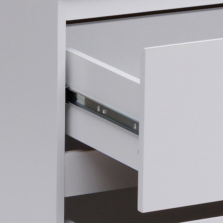 Commode 3 tiroirs blanc 73x48x78cm detail tiroir ouvert avec glissiere metal vue rapprochee - mobilier decoration pack mobilier LMNP