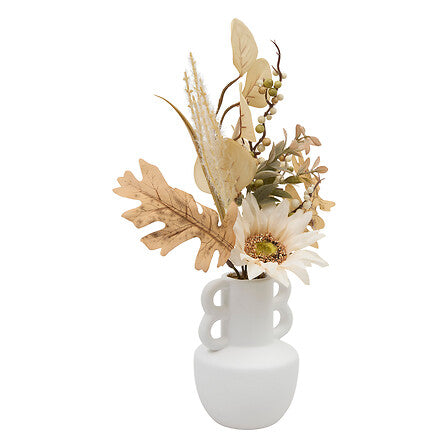 Composition decorative de fleurs sechees avec vase en ceramique blanc design anses 35cm tons naturels dores - accessoire decoration pack mobilier LMNP