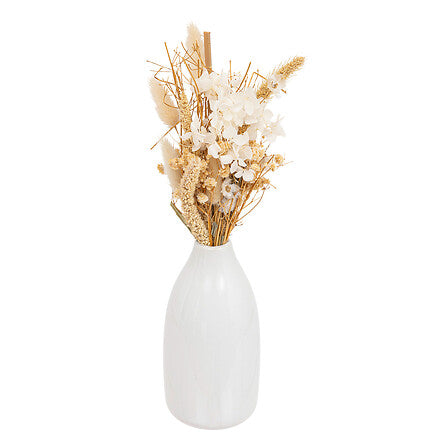 Composition de fleurs naturelles sechees avec vase en ceramique blanc 25cm - accessoire decoration pack mobilier LMNP