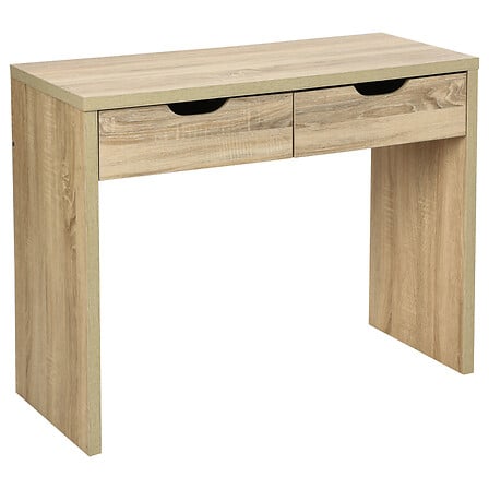 Console 2 tiroirs effet bois vue de face complete poignees decoupees noires pieds bois chene clair entree - mobilier decoration pack mobilier LMNP