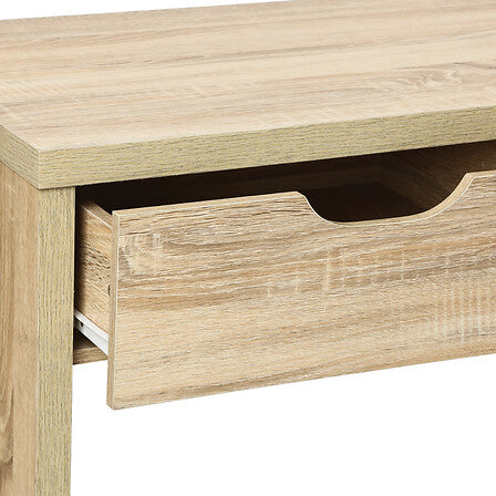 Console 2 tiroirs effet bois detail tiroir ouvert poignee decoupee finition chene clair vue rapprochee - mobilier decoration pack mobilier LMNP