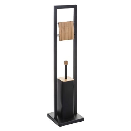 Derouleur WC avec brosse integree metal noir porte-rouleau bambou et brosse WC sur pied - accessoire decoration pack mobilier LMNP