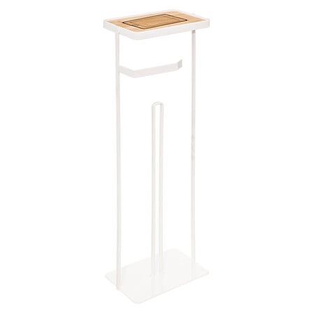 Derouleur WC avec reserve et support telephone blanc vue de face complete plateau bambou porte-rouleau et reserve papier sur pied - accessoire decoration pack mobilier LMNP