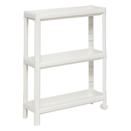 Desserte 3 niveaux en plastique blanc vue de face complete trois etageres ouvertes structure legere roulettes rangement cuisine salle de bain - mobilier decoration pack mobilier LMNP