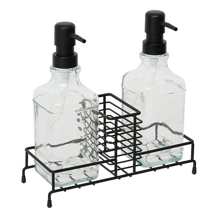 Distributeur double savon deux flacons verre transparent pompes noires support panier metal noir salle de bain cuisine - accessoire decoration pack mobilier LMNP