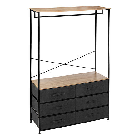 Dressing penderie avec 6 tiroirs structure metal noir plateaux bois barre de penderie tiroirs tissu gris fonce style industriel - mobilier decoration pack mobilier LMNP