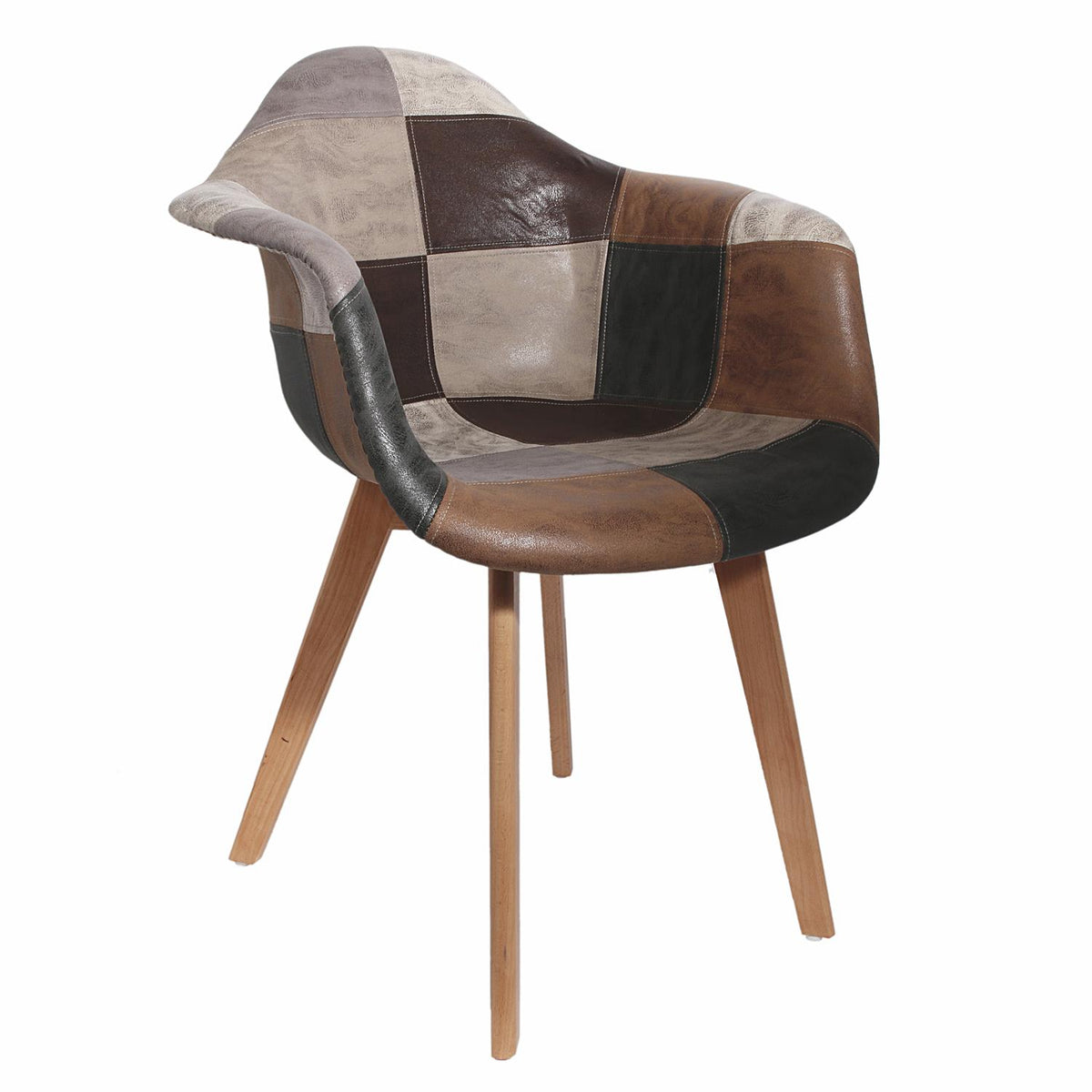Fauteuil patchwork simili cuir marron pieds hêtre