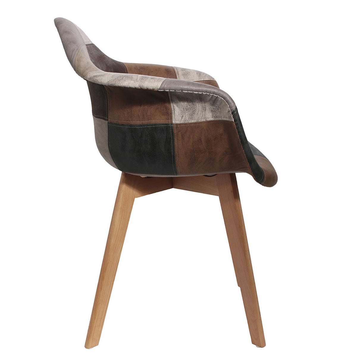Fauteuil patchwork simili cuir marron pieds hêtre
