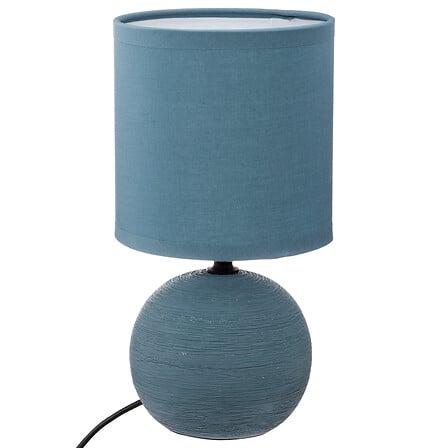 Lampe a poser boule striee en ceramique 25cm bleu petrole avec abat-jour assorti - luminaire decoration pack mobilier LMNP