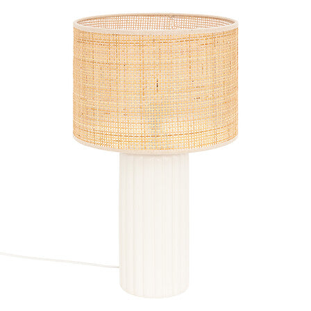 Lampe a poser cylindre en ceramique blanche avec abat-jour naturel tresse 47cm - luminaire decoration pack mobilier LMNP