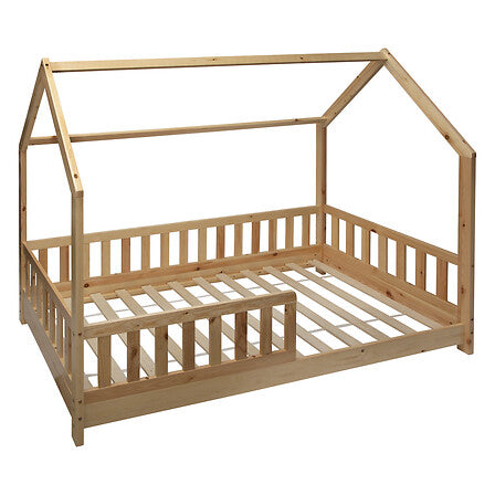 Lit cabane enfant 90x190cm en bois naturel forme maison avec barrieres de securite - mobilier decoration pack mobilier LMNP