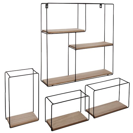 Lot de 4 etageres murales bois et metal noir style industriel differentes tailles - rangement decoration pack mobilier LMNP