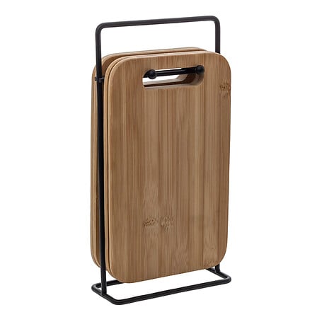 Lot de 4 planches a decouper en bambou avec support metal noir vue de face planches rangees verticalement cuisine plan de travail - accessoire decoration pack mobilier LMNP