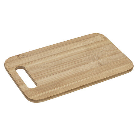 Planche a decouper en bambou naturel avec poignee integree vue de dessus detail veines bois cuisine - accessoire decoration pack mobilier LMNP