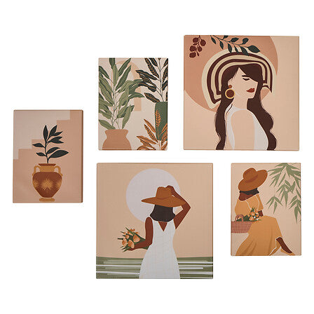 Lot de 5 toiles imprimees silhouettes feminines style boheme terracotta illustrations plantes et femmes au chapeau - decoration murale pack mobilier LMNP