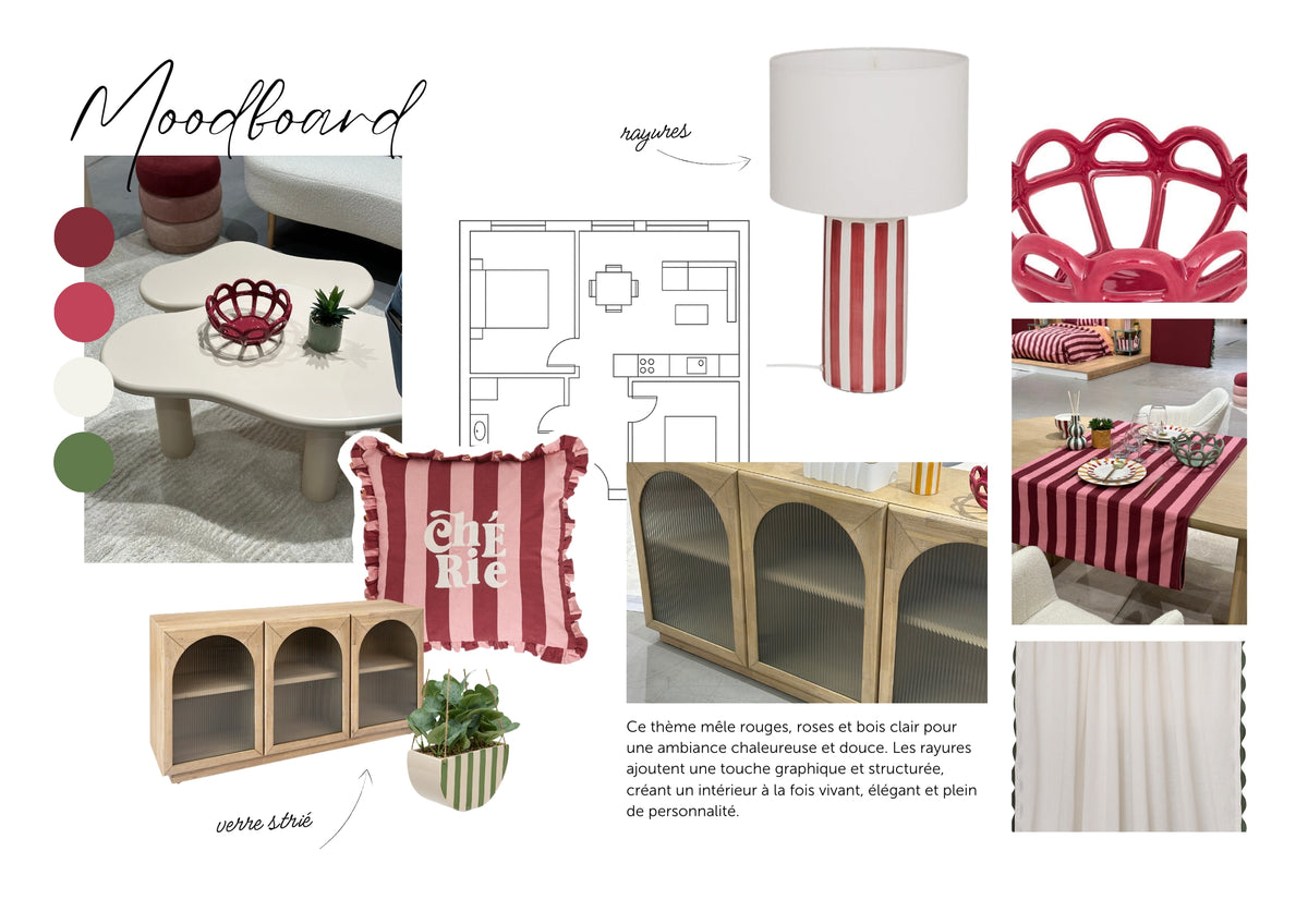 Mood board du pack mobilier BISOU : rouges, roses, rayures graphiques et bois clair