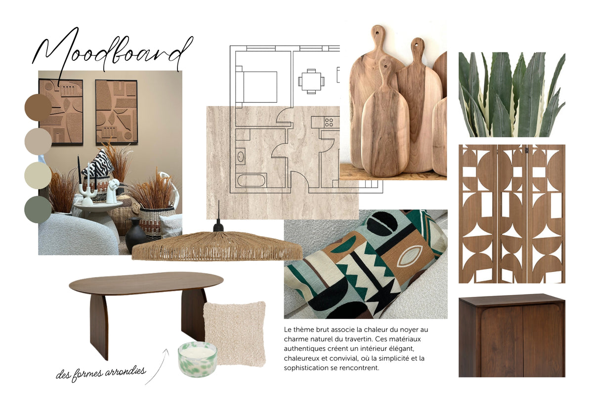 Mood board du pack mobilier BRUT : noyer, travertin, terracotta et matières naturelles