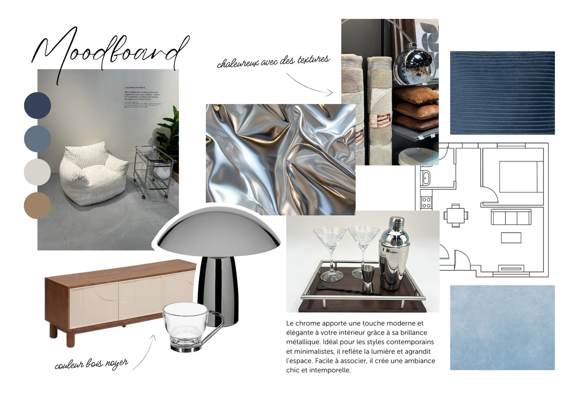 Mood board du pack mobilier CHROME : métal chromé, blanc, bleu profond, style contemporain