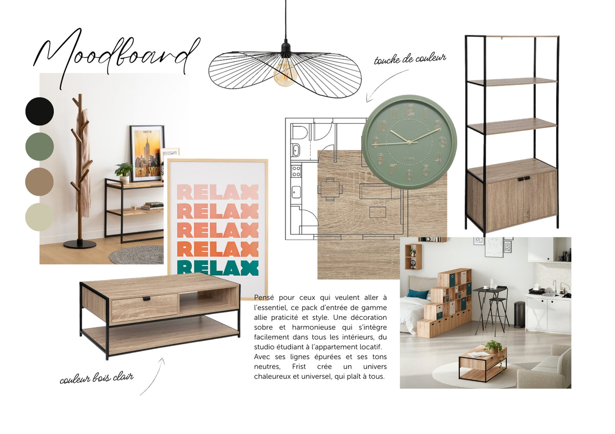 Mood board du pack mobilier FIRST : bois clair, lignes épurées, tons neutres pour un logement locatif