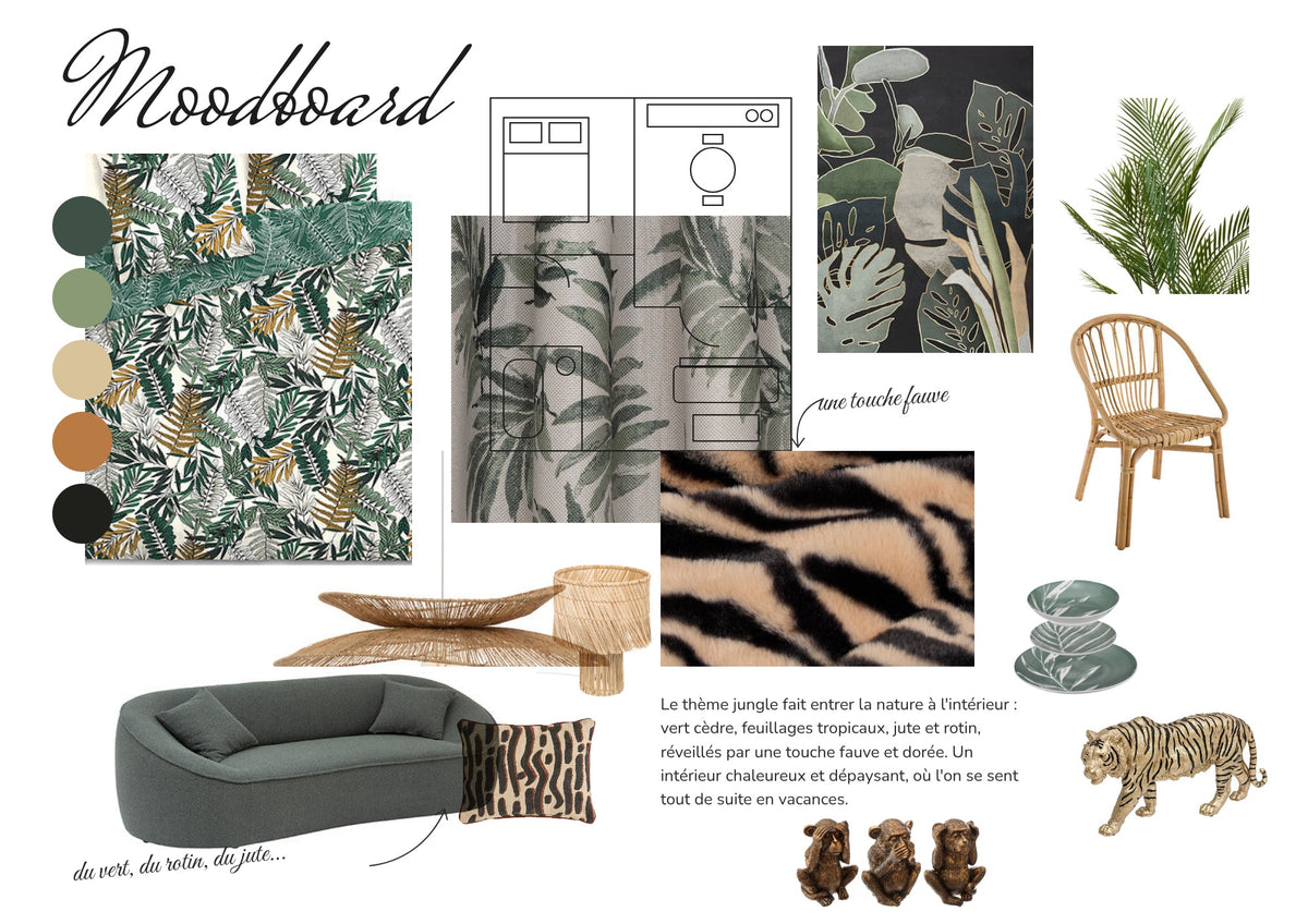 Mood board du pack mobilier JUNGLE : vert cèdre, feuillages tropicaux, jute, rotin et touche fauve