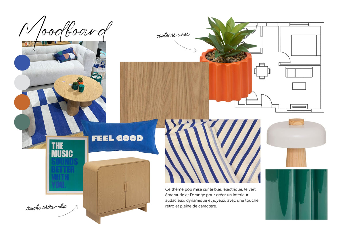 Mood board du pack mobilier POP : bleu électrique, vert émeraude, orange et esprit rétro