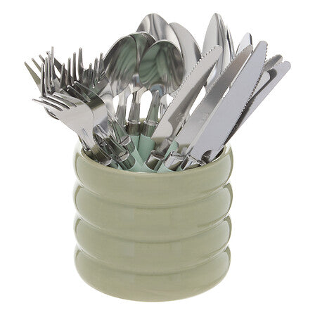 Menagere 24 pieces avec support pot ceramique vert d eau couverts inox couteaux fourchettes cuilleres - accessoire decoration pack mobilier LMNP