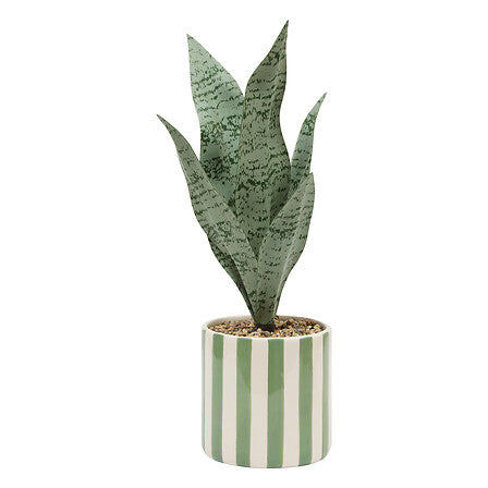 Plante artificielle sansevieria avec cache-pot rayé