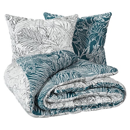 Parure de lit imprimee motif jungle 240x220cm bleu canard et blanc housse pliee avec coussins - accessoire decoration pack mobilier LMNP
