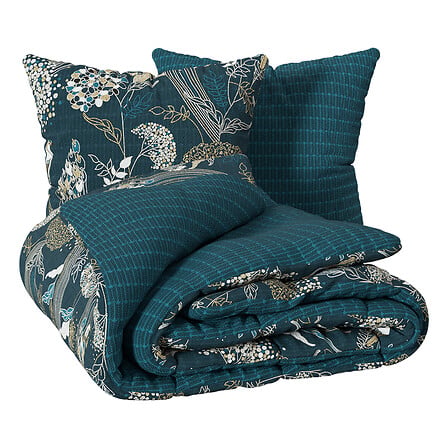 Parure de lit imprimee motif paon 240x220cm bleu nuit housse pliee avec coussins turquoise - accessoire decoration pack mobilier LMNP