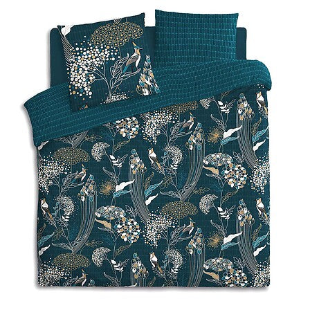 Parure de lit imprimee motif paon 240x220cm fond bleu nuit fleurs et oiseaux blancs dores verso turquoise vue dessus - accessoire decoration pack mobilier LMNP