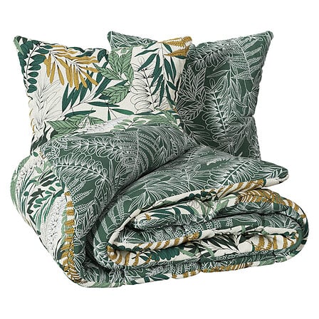 Parure de lit imprimee motif tropical 240x220cm feuilles vertes et dorees housse pliee avec coussins - accessoire decoration pack mobilier LMNP