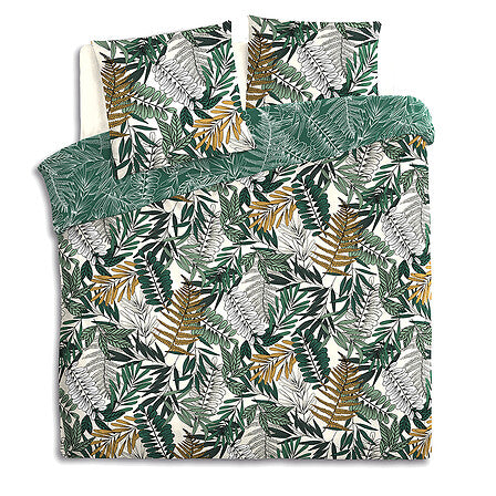 Parure de lit imprimee motif tropical 240x220cm feuilles vertes et dorees sur fond blanc vue dessus - accessoire decoration pack mobilier LMNP