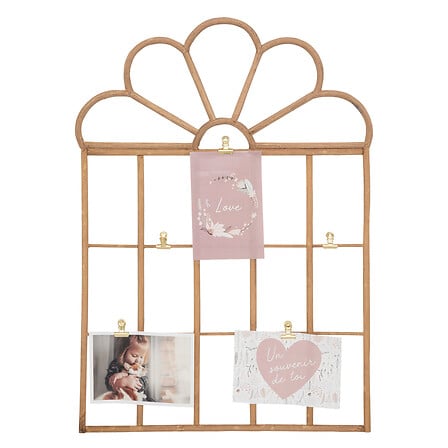 Porte-photo mural en rotin forme fenetre avec arches 40x57cm pinces dorees - decoration murale pack mobilier LMNP