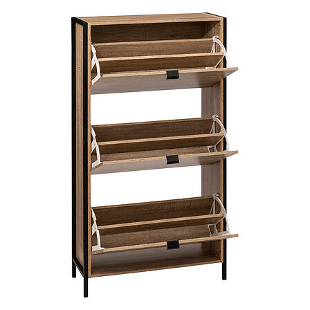 Range chaussures 3 tiroirs 18 paires effet bois tiroirs ouverts compartiments interieurs structure bois et metal noir - rangement decoration pack mobilier LMNP